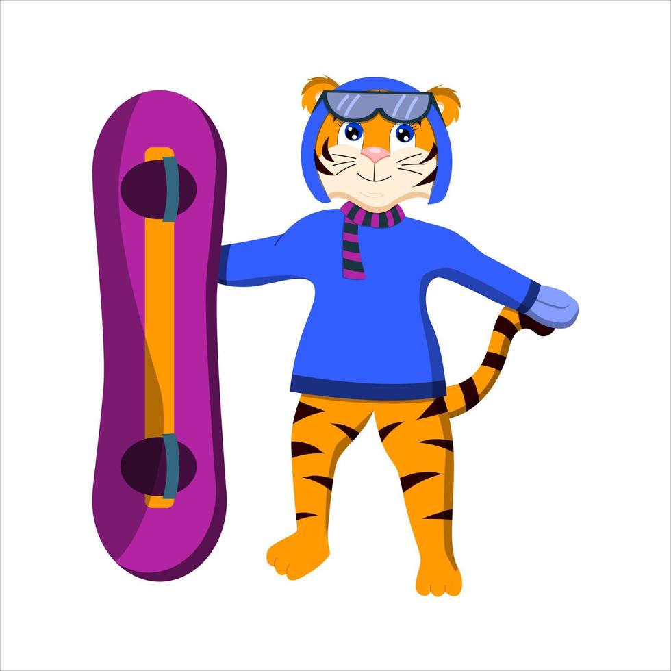 tigre de dibujos animados se encuentra con una tabla de snowboard vector