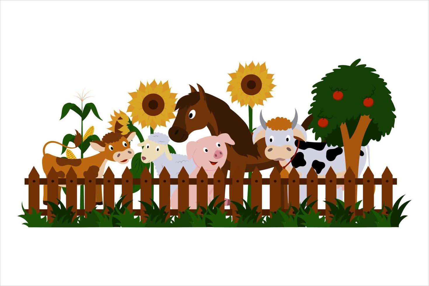 animales de granja, vacas y terneros, cerdos, ovejas, caballos están parados en la cerca, girasoles, maíz, manzano están floreciendo. ilustración de un campo de verano, una bonita granja. vector