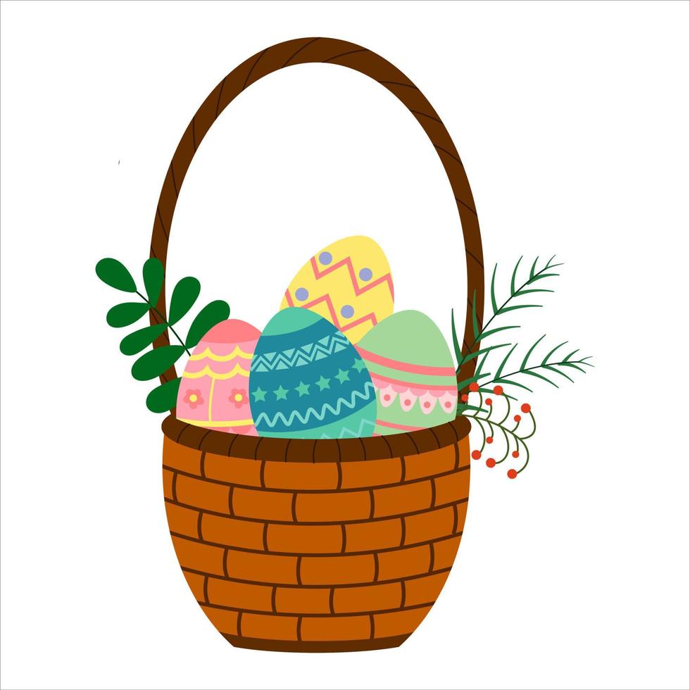 Vector illustration of a basket with colored eggs and twigs of plants isolated on a white background. Oriental traditional symbol and design element. Cute picture with a spring icon..