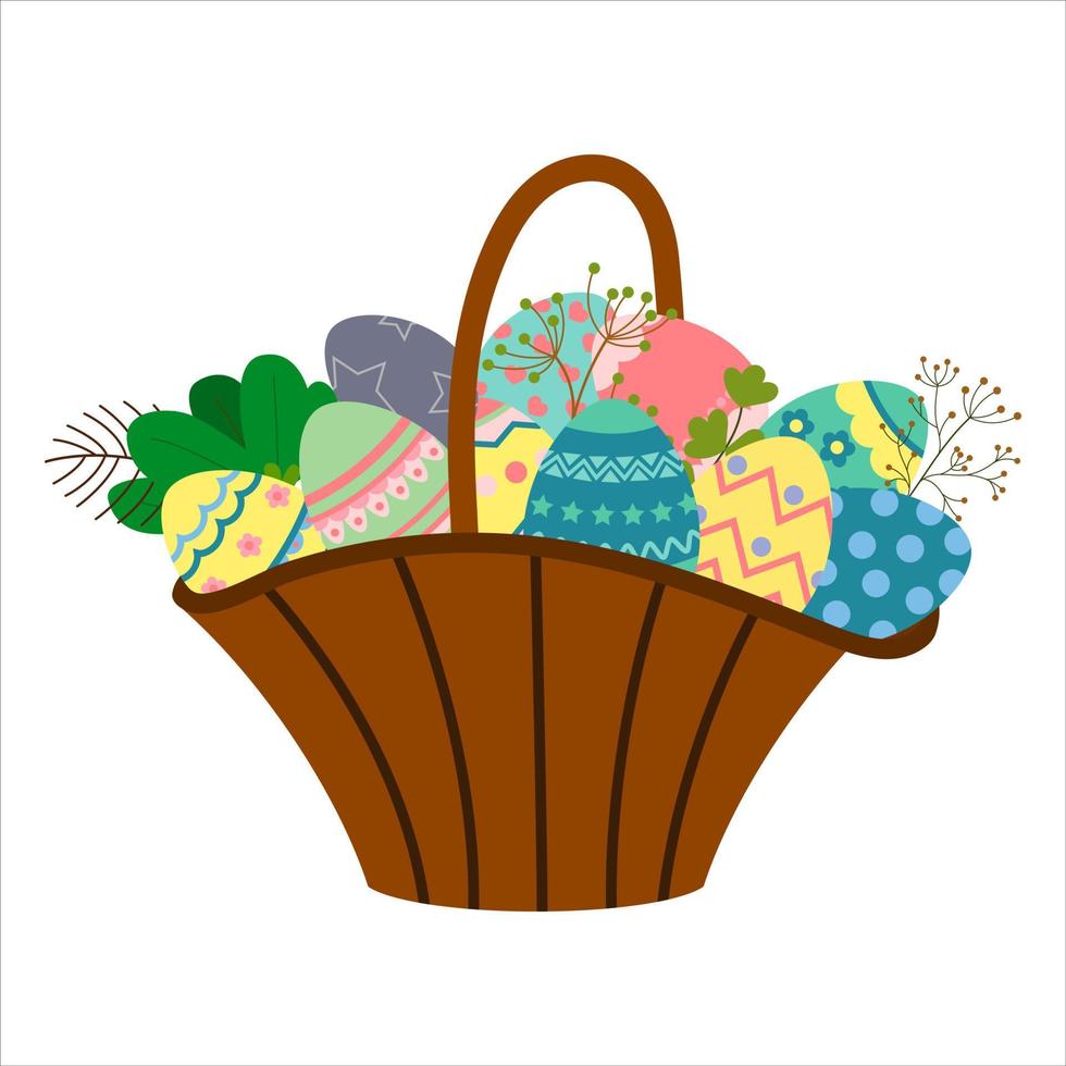 canasta festiva de pascua con un juego de huevos con adornos y ramitas de plantas. tarjeta de felicitación de Pascua. vector