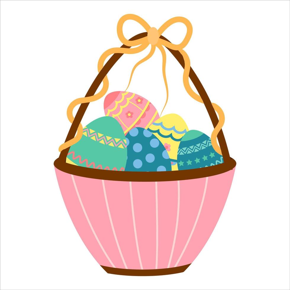 easter basket with colored eggs, vector