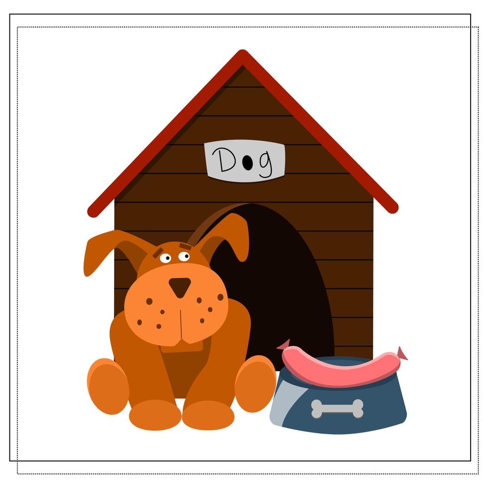 cartoon image of a dog. a brown dog sits near the booth, next to a bowl of sausage. vector