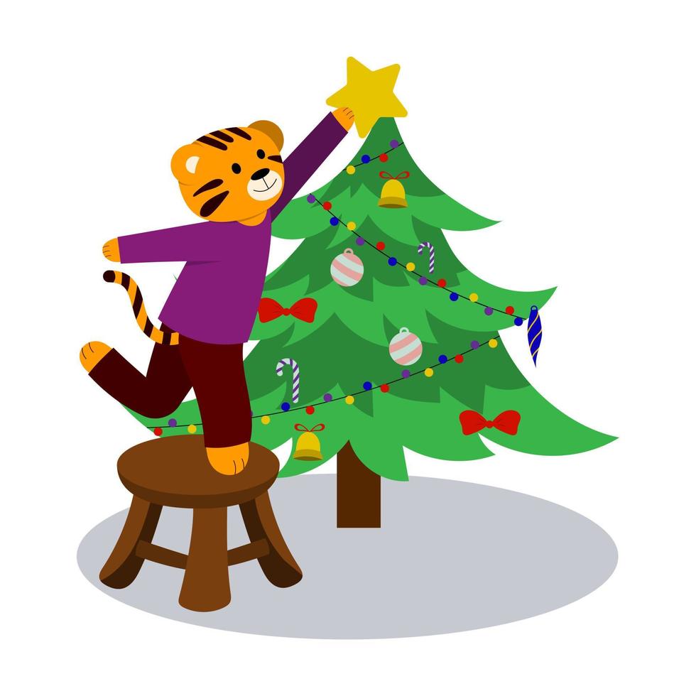 ilustración de dibujos animados para niños. un tigre decora un árbol de navidad festivo, navidad, año nuevo vector