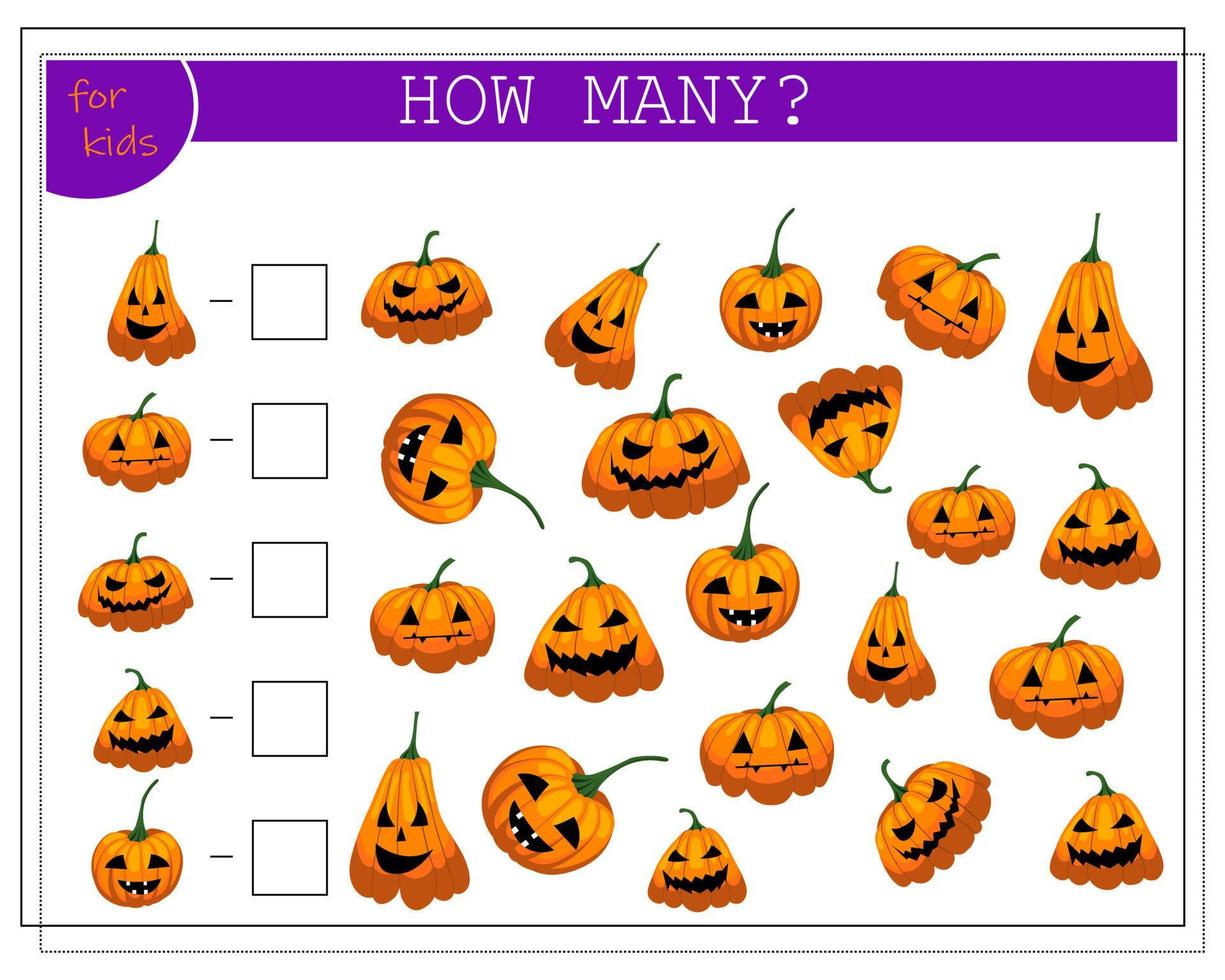 math game for kids count how many of them, pumpkins, vector