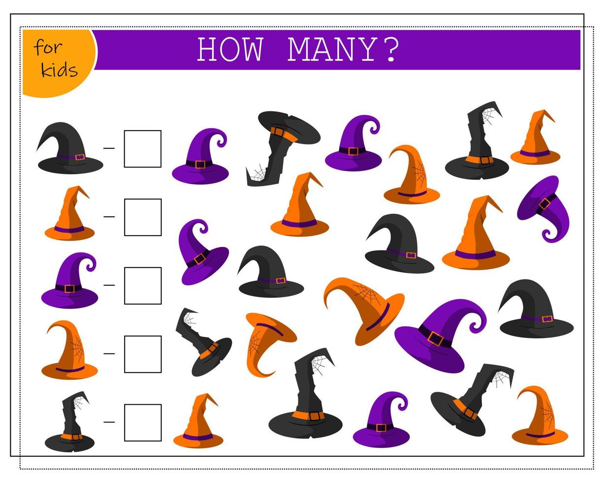 math game for kids, witch hats, vector