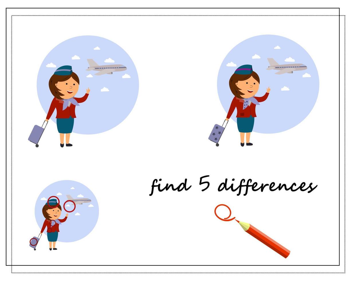 A logic game for kids find the differences, a flight attendant and an airplane. vector