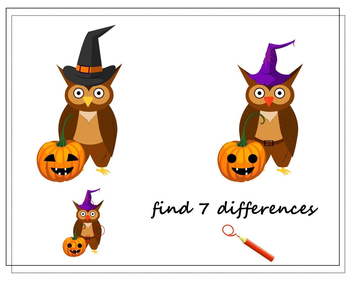 game for kids find the difference, cartoon owl in a hat, pumpkin, vector