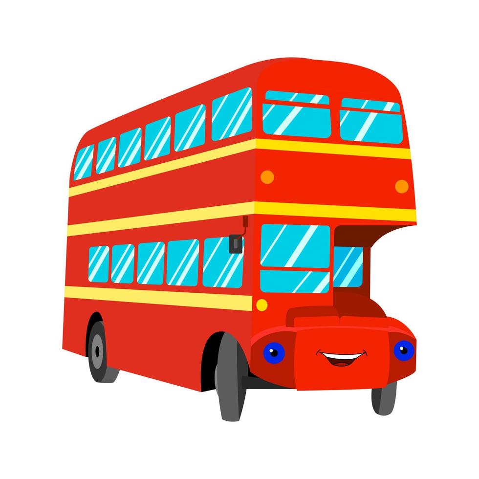 cartoon red bus with eyes. Double-decker bus, passenger. Urban transport in England. Front view vector