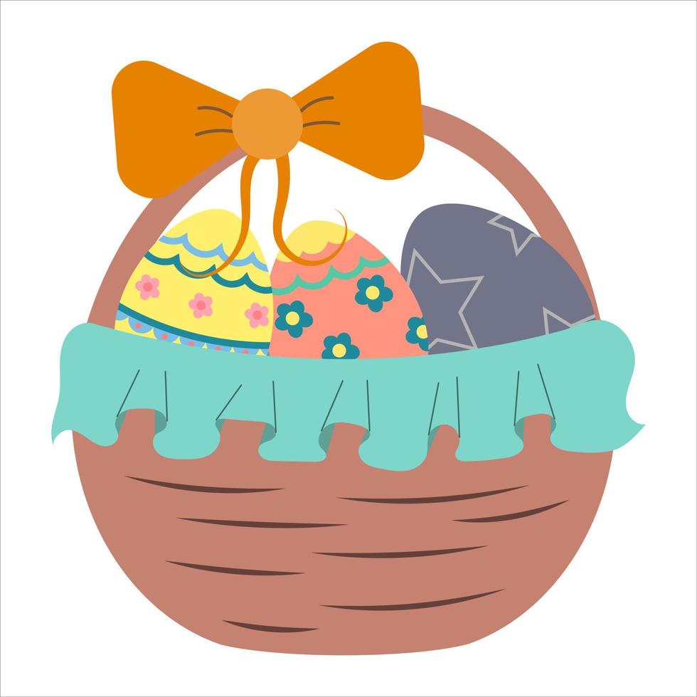 Wicker basket made of light vines with Easter colored eggs and decor, vector