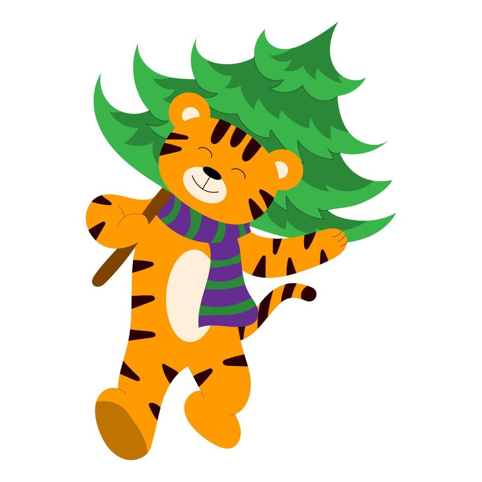ilustración de dibujos animados para niños. un tigre lleva un árbol de navidad vector