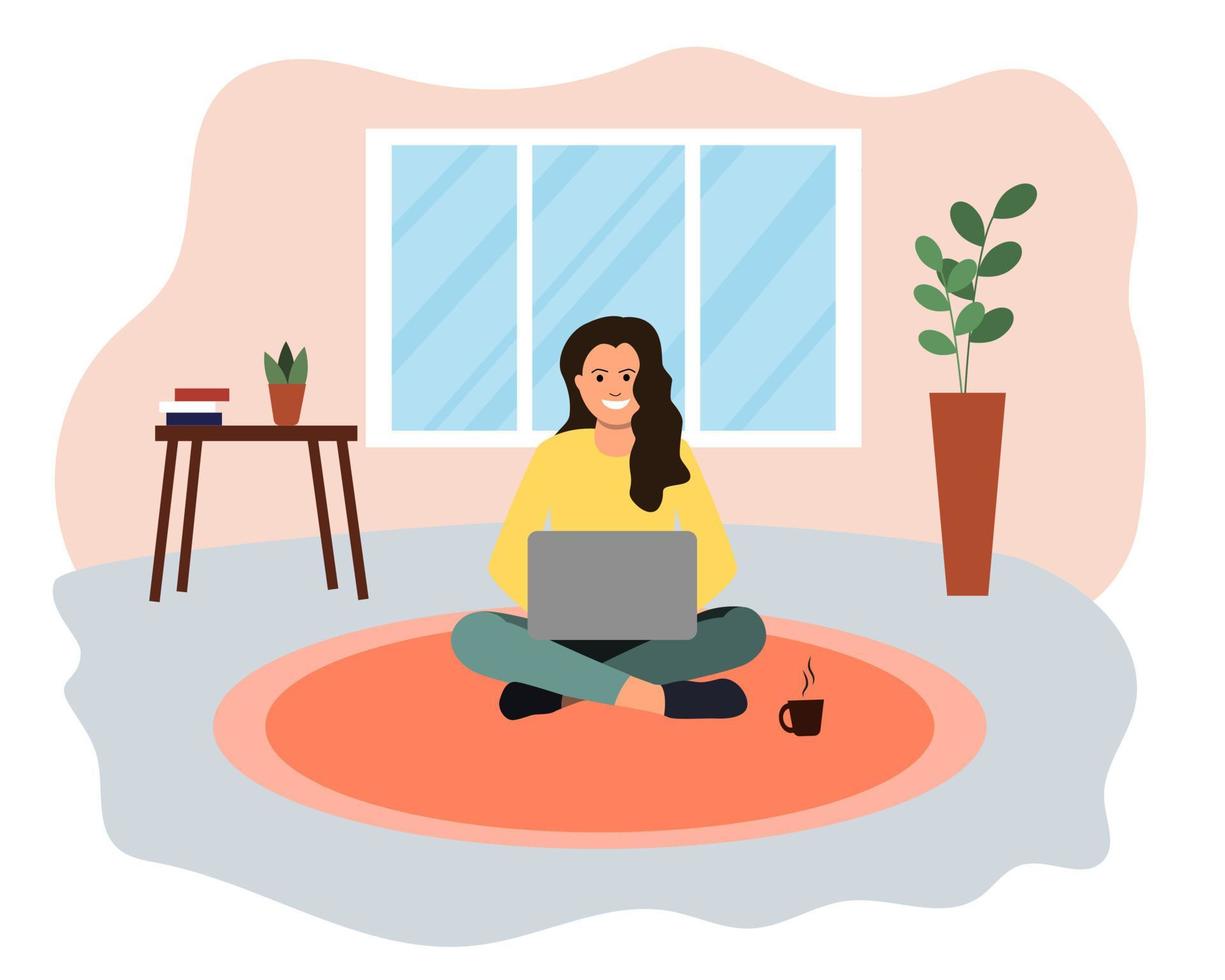 Smiling woman, sitting on the floor on the carpet with a laptop. A happy female freelancer working remotely in isolation. Cheerful girl hot tea, coffee. vector
