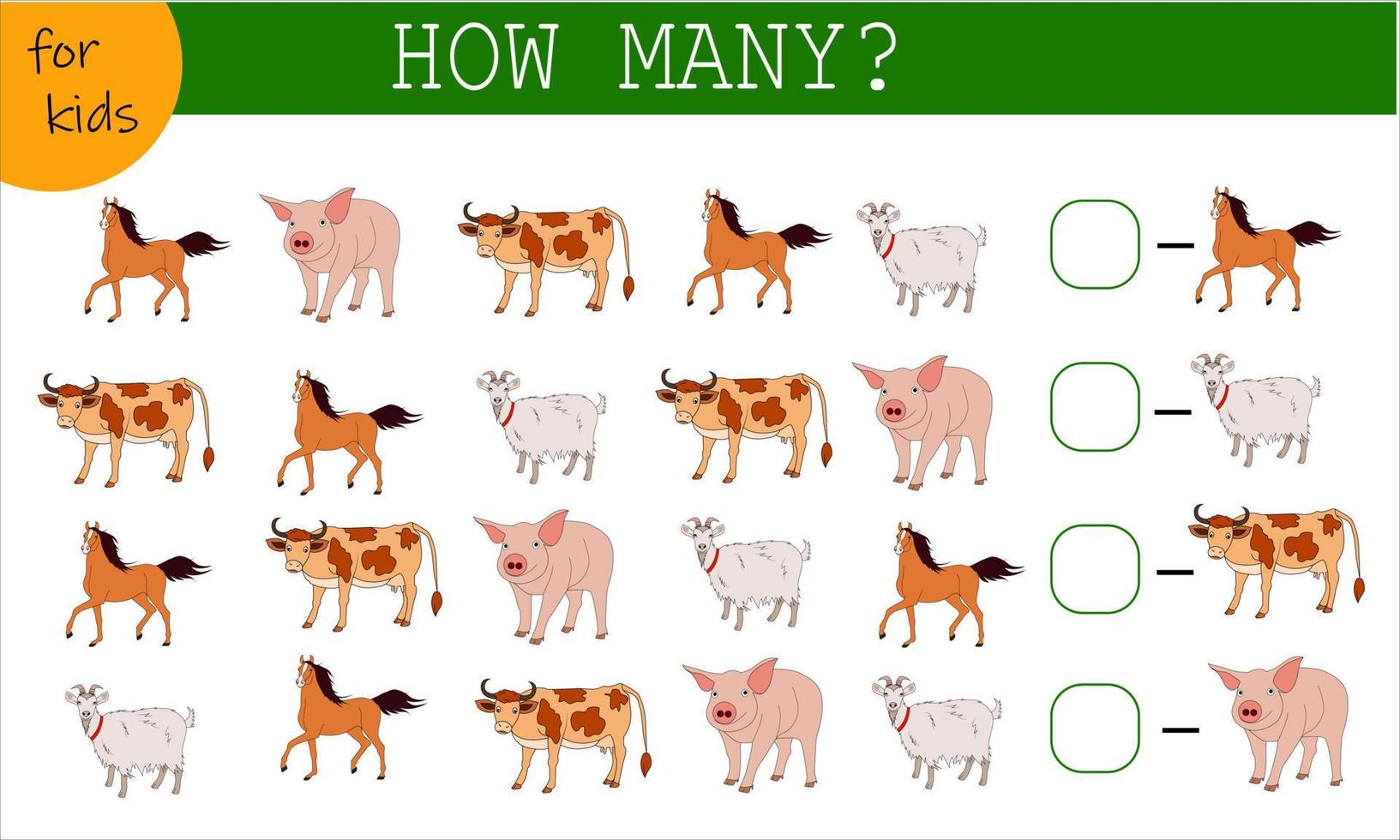Math game for kids count the animals. How many are there Horse vector
