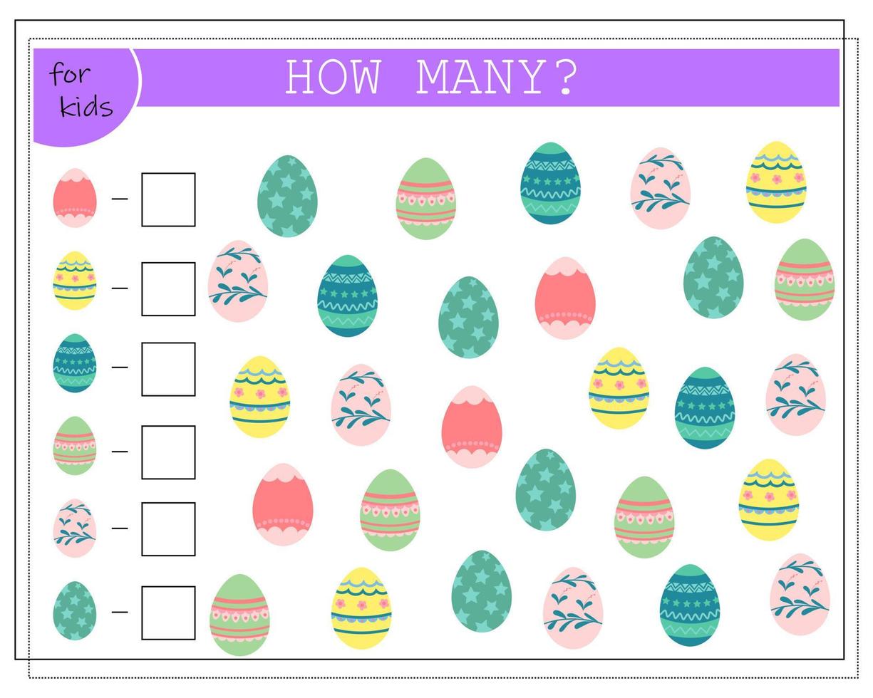 Children's math game count how many Easter eggs. vector