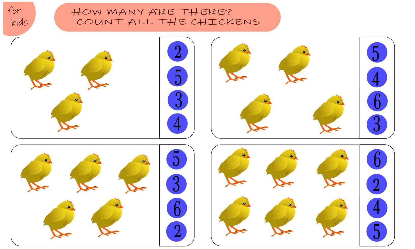 Math game for kids count the animals. How many are there. Chickens, choose the right answer. vector