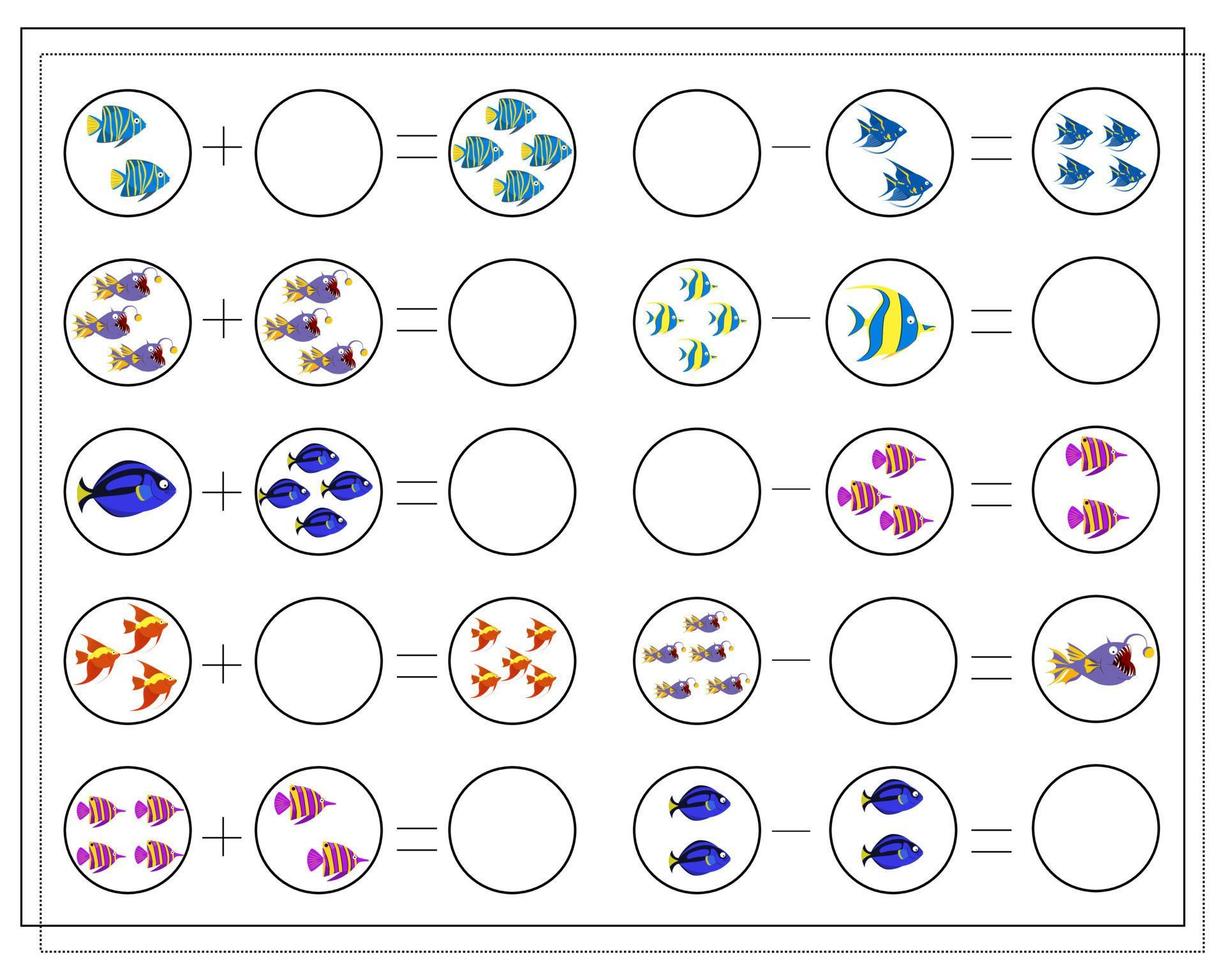 math game for kids, count how many fish there are. solve the examples for addition and subtraction. vector