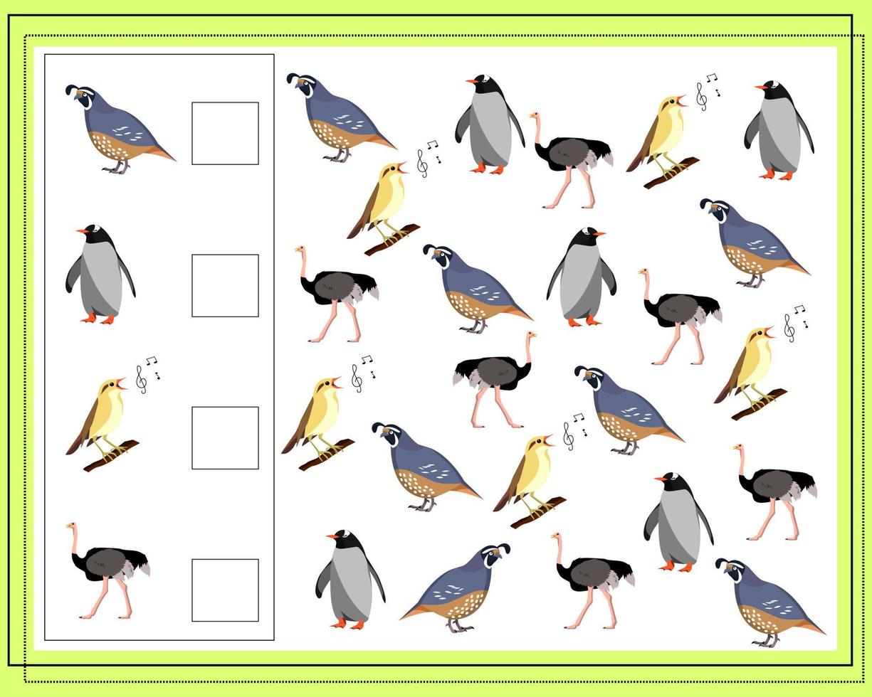 juego para niños contar cuántos de ellos. Juego de matemáticas para niños de preescolar y primaria. contar el número de pájaros. vector