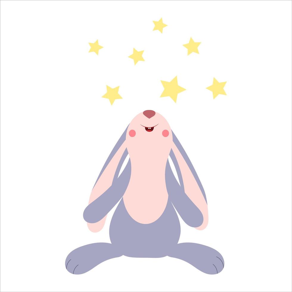 A cartoon character, a hare or a rabbit looks at the top, around the star. vector