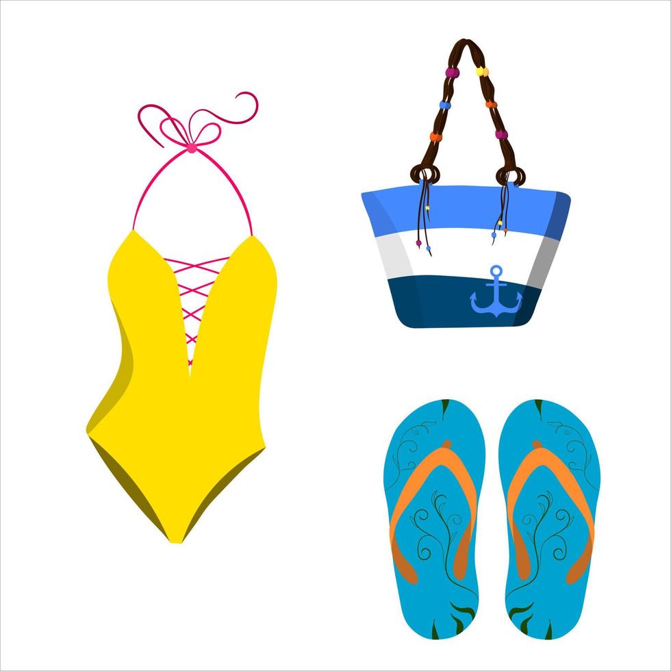 beach set, summer bag, slippers, swimsuit vector