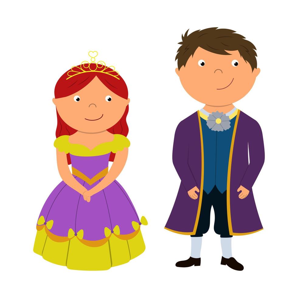 A beautiful fairy-tale princess and a prince in a crown and a fancy dress. Children's illustration for printing and stickers. vector