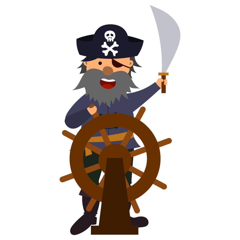 illustration cartoon pirate with a saber at the helm vector