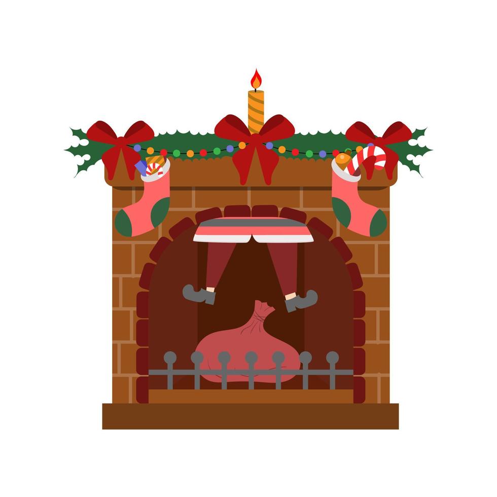 vector illustration of Santa fell out of the chimney of a fireplace, a fireplace decorated for Christmas