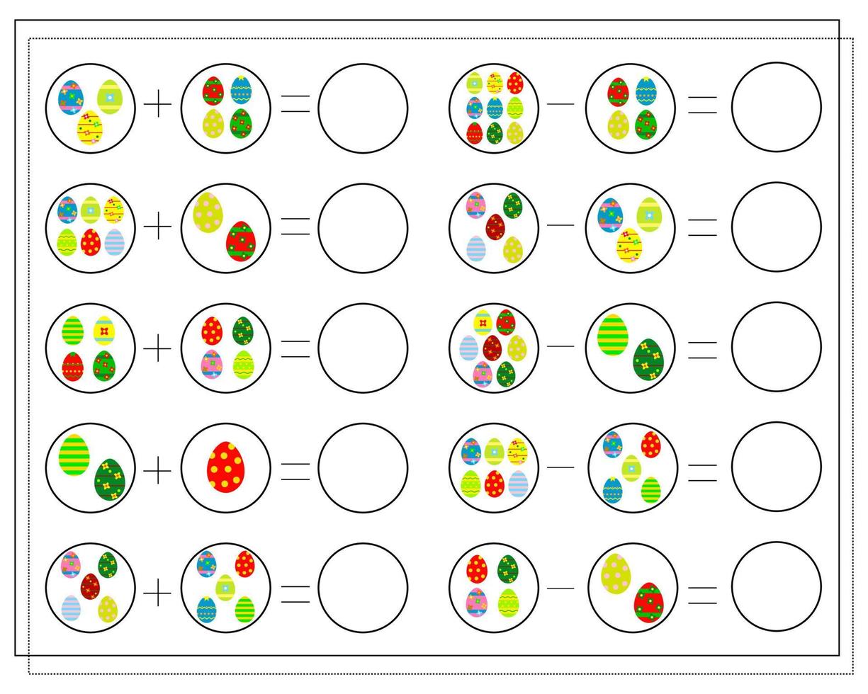 un juego de matemáticas para niños. resuelve los ejemplos, cuenta los huevos de pascua. vector