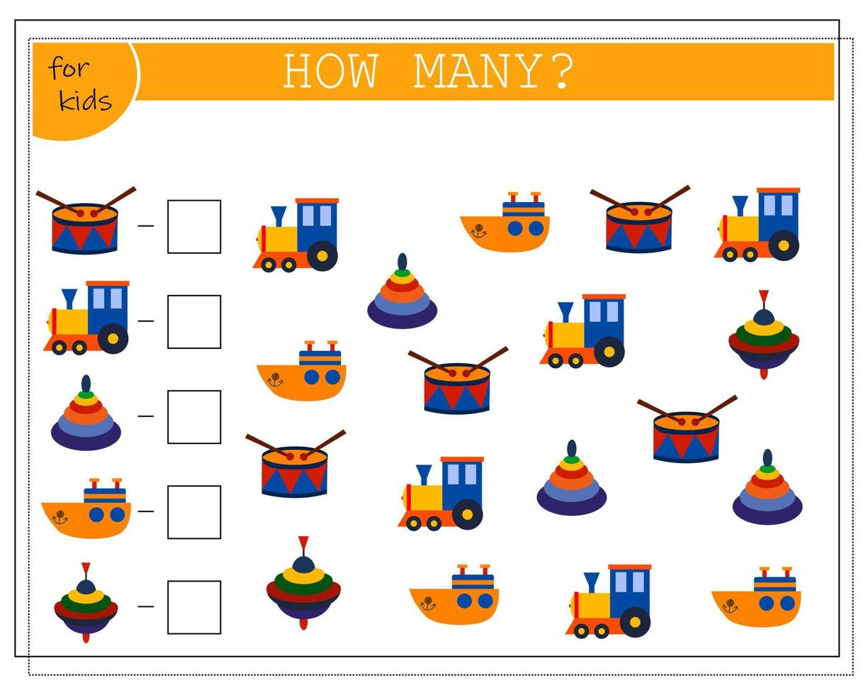 Children's math game, count how many of them. children's toys vector