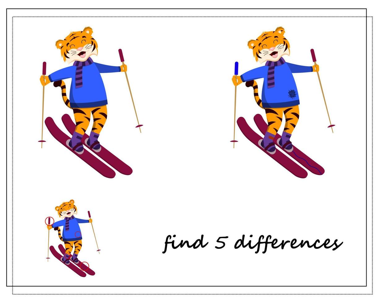 a game for children find the differences, winter, a tiger on skis vector