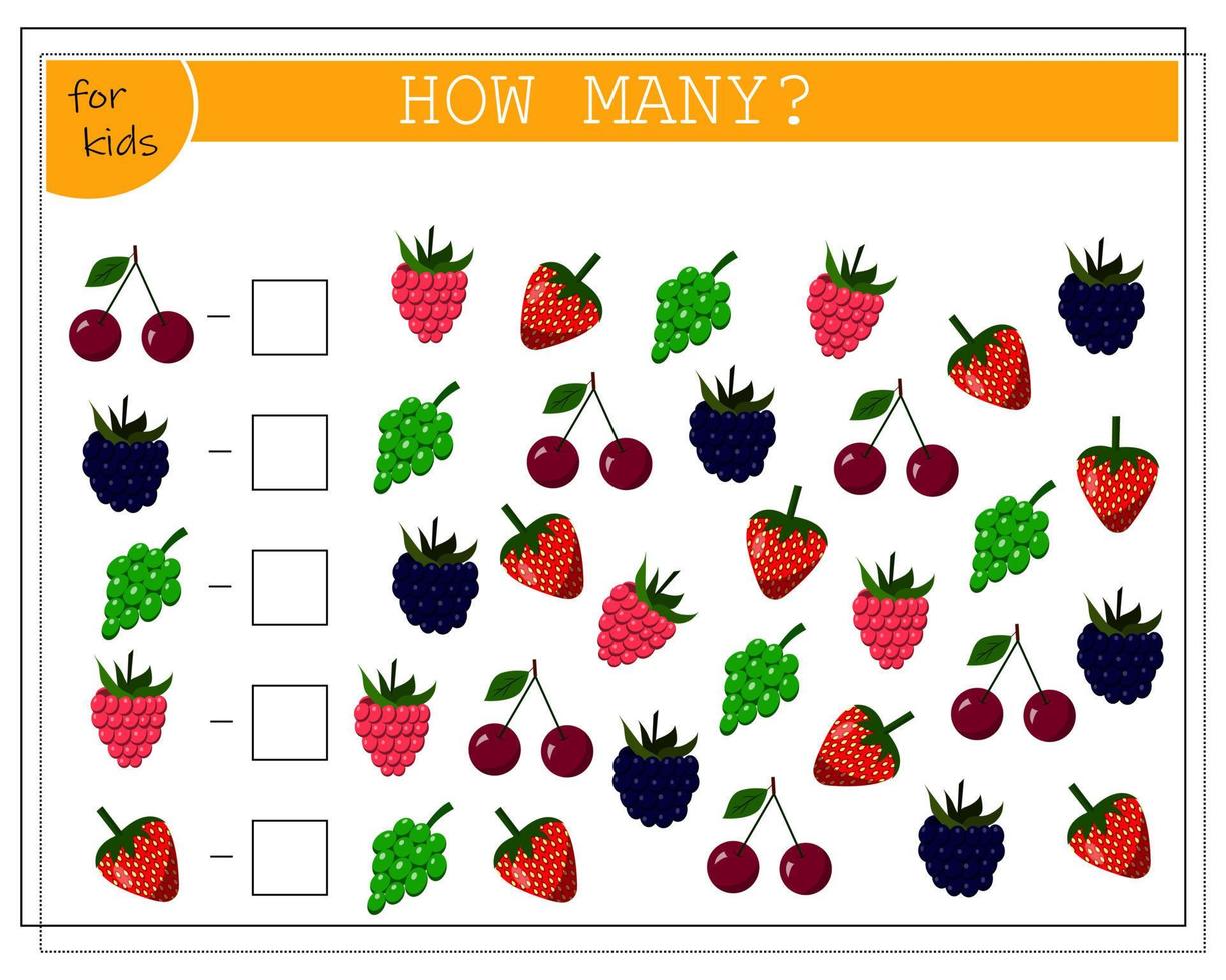 Math game for kids count how many of them there are. count how many berries are raspberries vector