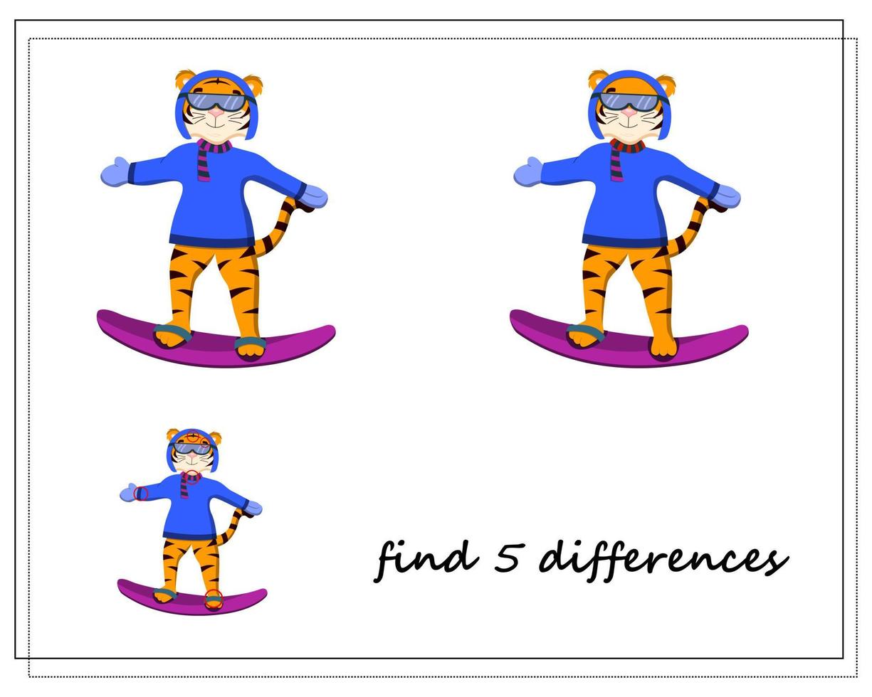 a game for children find the differences, winter, a tiger on a snowboard vector