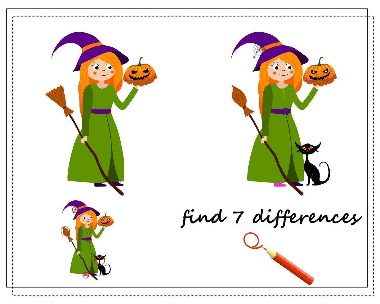 game for kids find the difference, cartoon witch with a broom and a pumpkin, vector