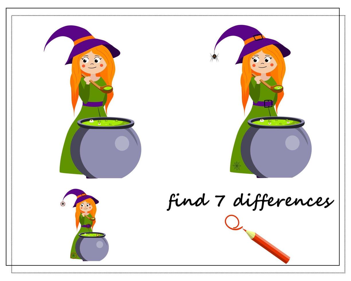 find the difference game for kids, cartoon witch and potion pot, vector