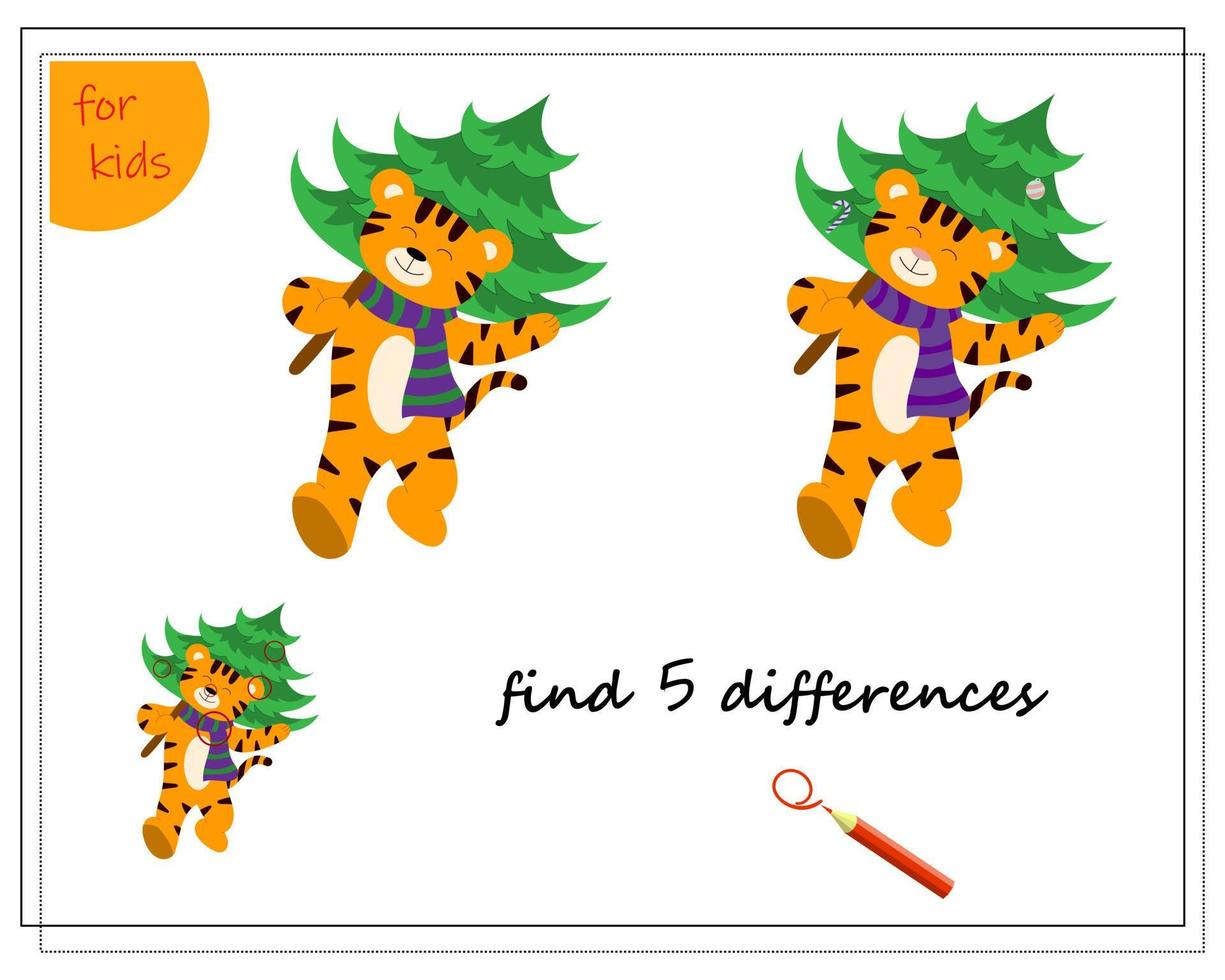 A logical game for children. Find the differences. A tiger carries a Christmas tree vector