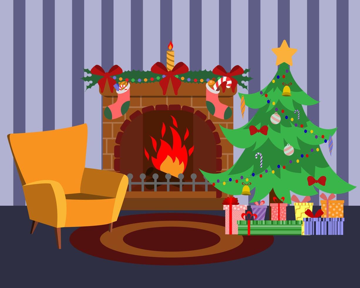 Decorated cozy Christmas room with a Christmas tree, colorful gift boxes with bows, a bright fireplace with a fire, a comfortable armchair, a winter holiday interior. vector
