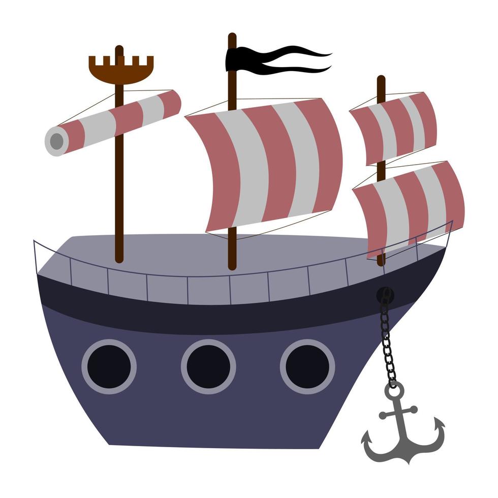 pirate ship with sails and pirate flag, vector