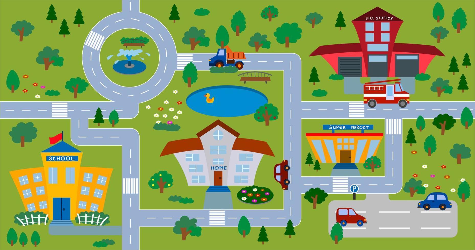 patrón sin costuras para niños con una hoja de ruta. paisaje urbano con coches. lindas ilustraciones para el diseño de una habitación infantil, postales, estampados para ropa. vector