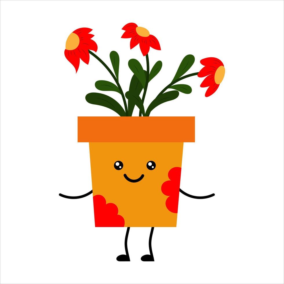 Cute cartoon kawaii plant in a pot. A plant with flowers. vector