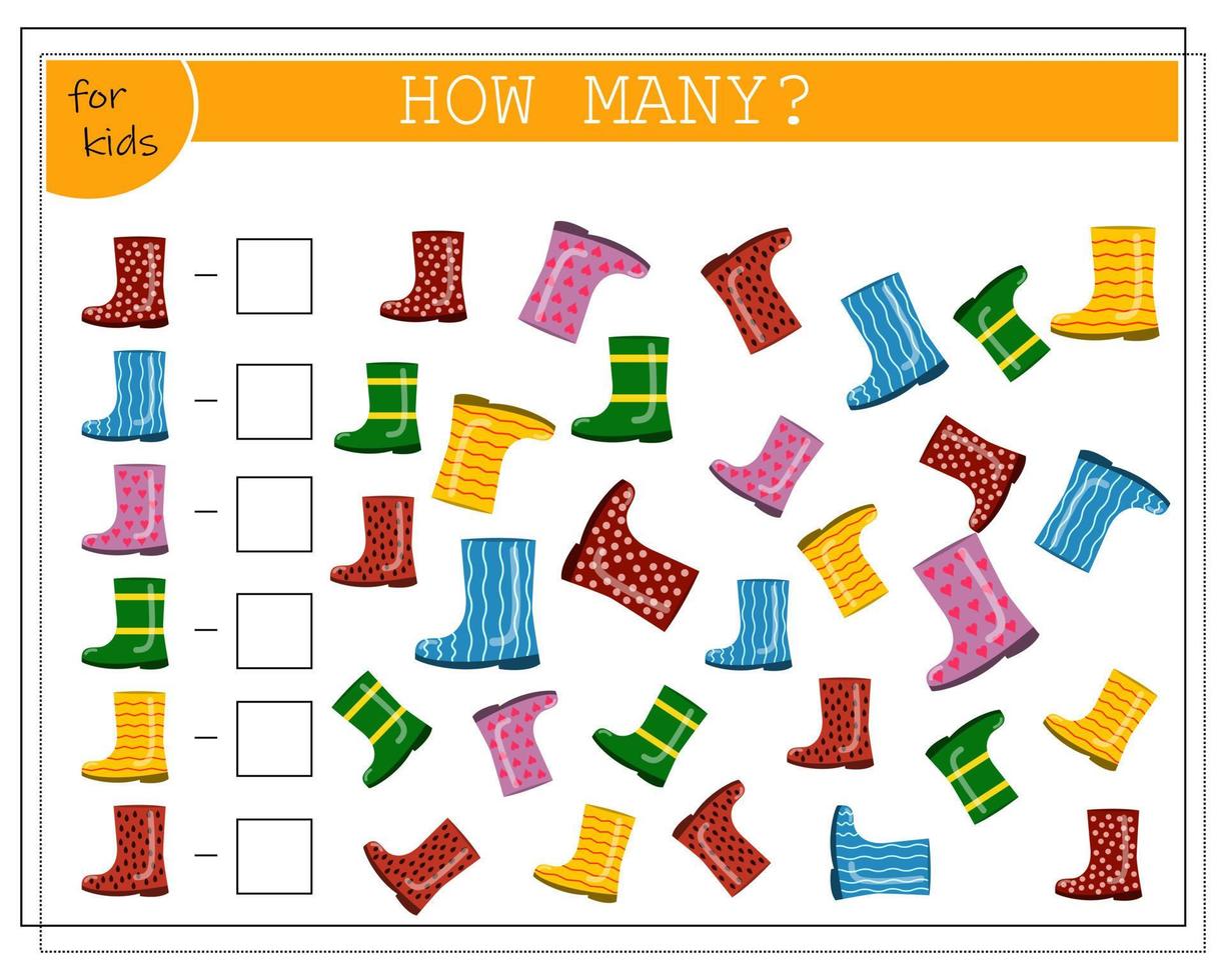 Math game for kids. Count how many rubber boots there are. vector