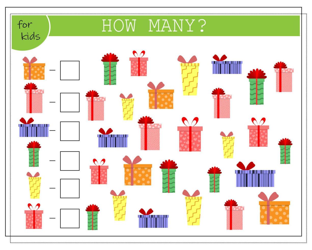 A math game for children, count how many of them there are. Gift boxes vector