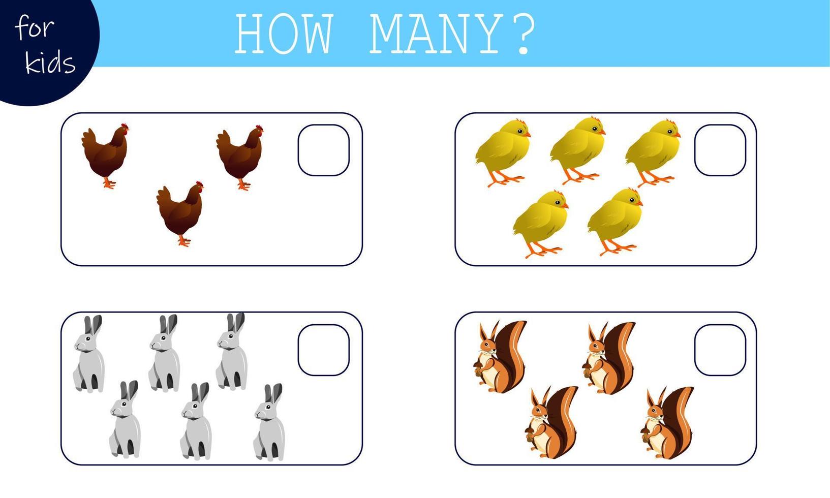 Math game for kids count the animals. How many are there. Chicken vector