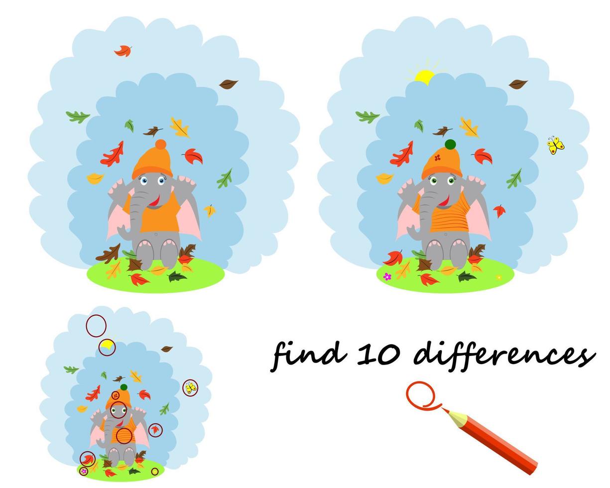 find the difference, a cartoon elephant stands under an umbrella. a game for children. vector