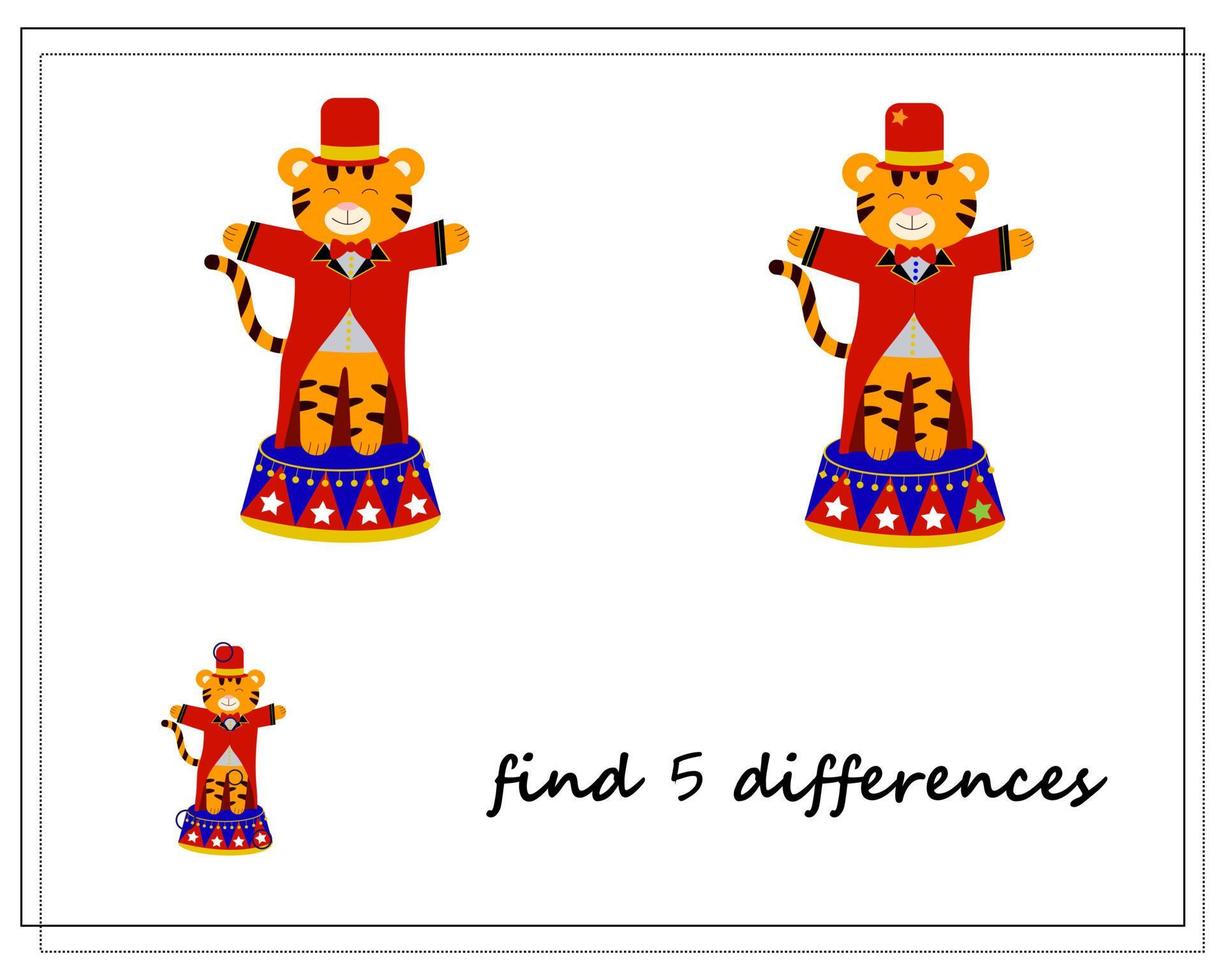 A logical game for children, find the differences. Tiger in the circus vector