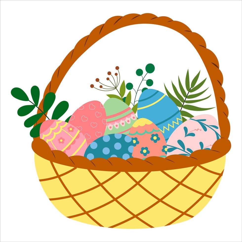 Basket with colored eggs. Easter basket icon, flat style. vector