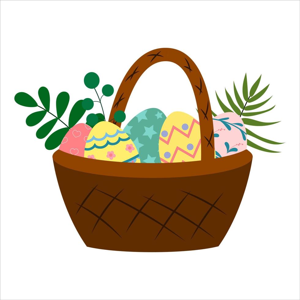 Basket with Easter eggs. Vector drawing of multicolored eggs with drawings on a white background