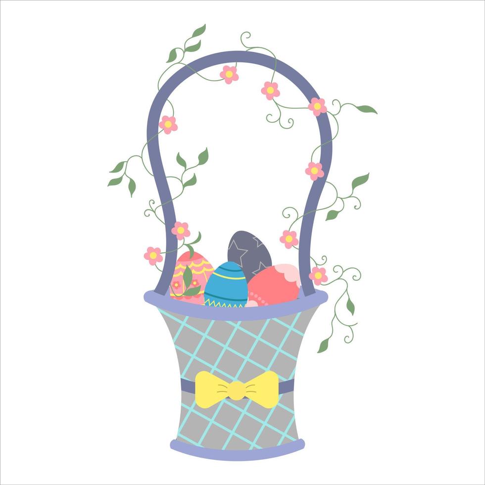 Wicker basket with colorful Easter eggs on a white background. Cute illustration for greeting cards, textiles, printing for Easter. Pastel colors. vector