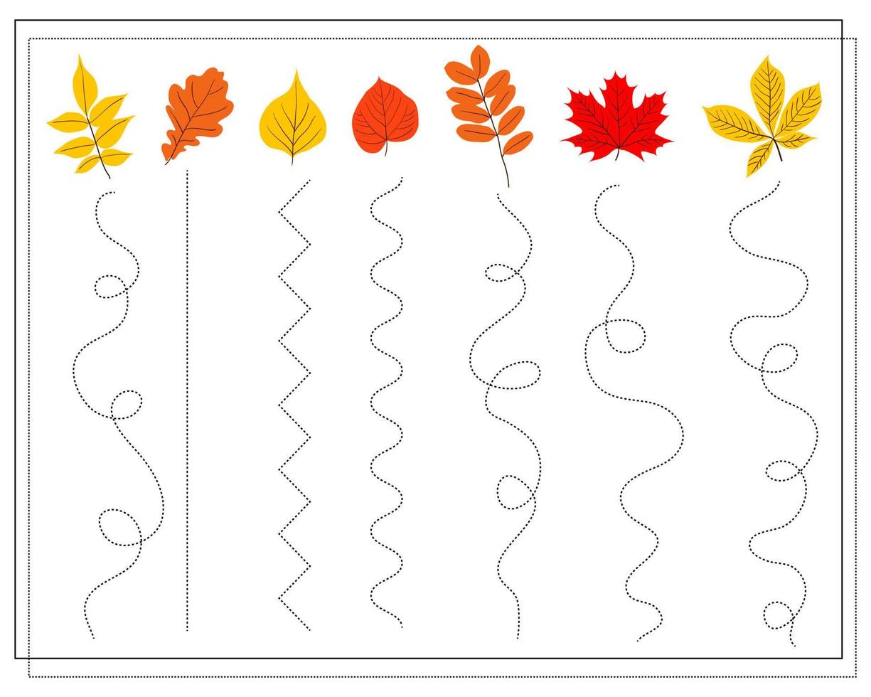 Workshop on handwriting. Educational children's game. Line tracing for children and toddlers. Autumn leaves vector