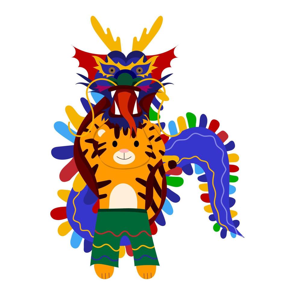 Cartoon illustration for children. A tiger and a Chinese dragon. vector