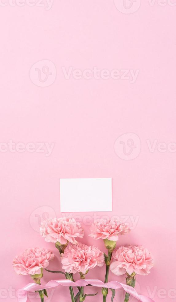 Top view, flay lay, copy space, close up, mock up, mothers day thanks design concept. Beautiful fresh blooming baby pink color carnations isolated on bright pink background photo