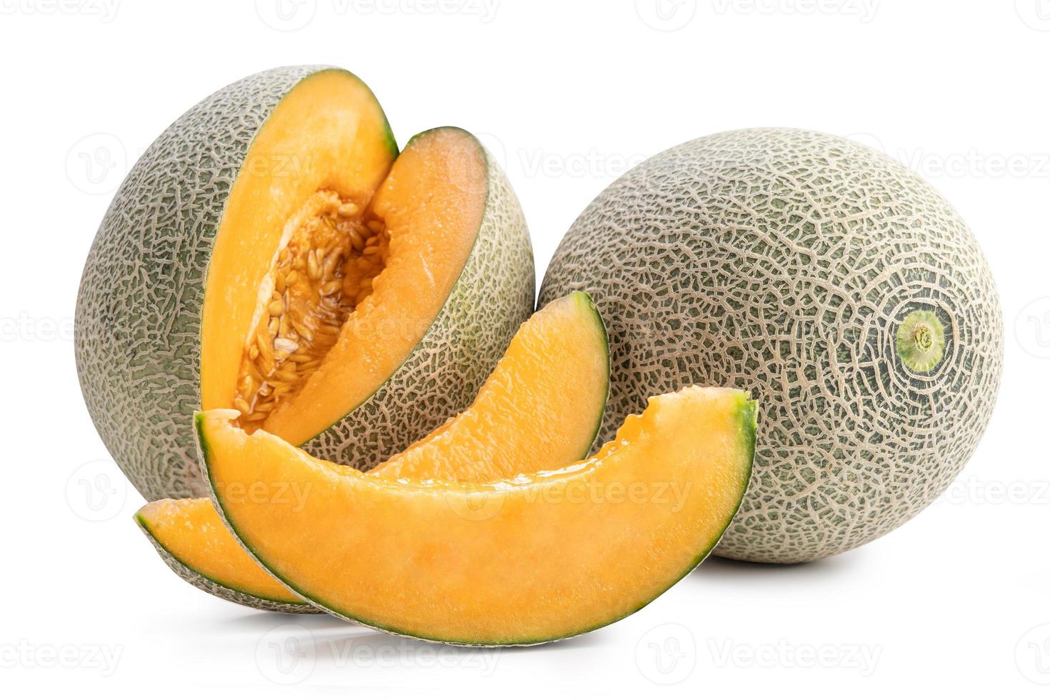 Close up, clipping path, cut out. Beautiful tasty sliced rock cantaloup melon isolated on white background photo