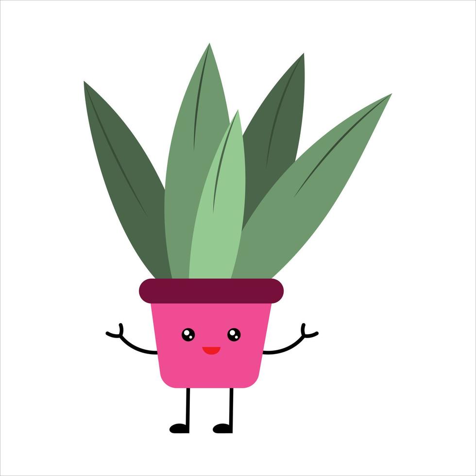 Cute cartoon kawaii plant in a pot. A plant with long thick leaves. vector